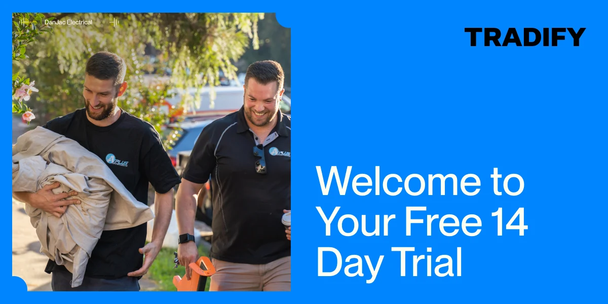 Tradify free 14-day trial banner, with two electricians walking to a job