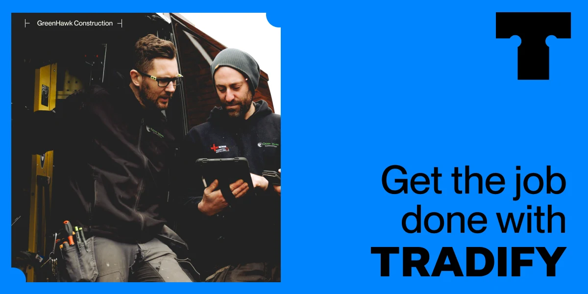 Tradify banner reading “Get the job done with Tradify”, with two tradesmen checking a job on a tablet